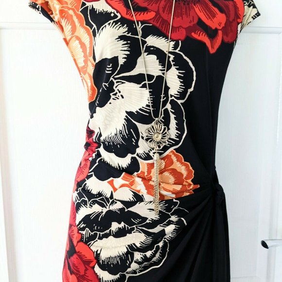 BEAUTIFUL DEBENHAMS THE COLLECTION BLACK FLORAL TIE RUCHED SIDE DRESS - Picture 1 of 6